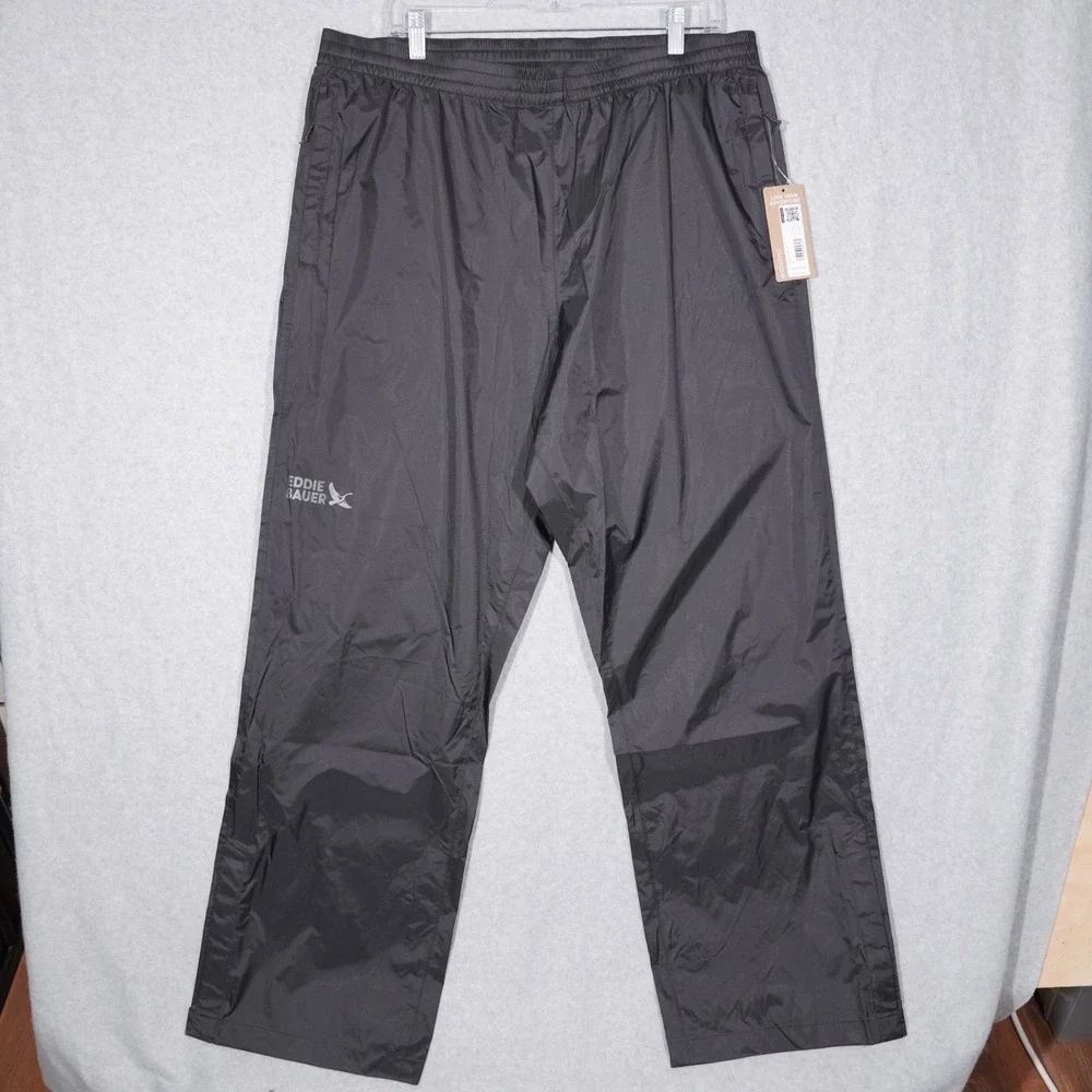 Eddie Bauer Rain Pants Mens L Black Rippac Waterproof Ripstop Outdoor Hiking New - Picture 1 of 7